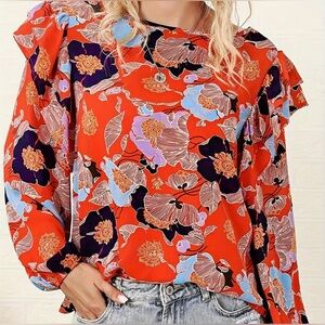 Mod Boutique vibrant floral ruffle l/s blouse WM M artsy colorful